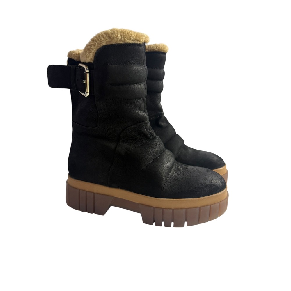 Free People Fable Black Leather Faux Fur Lined Lug Sole Boots 36.5 0003478380